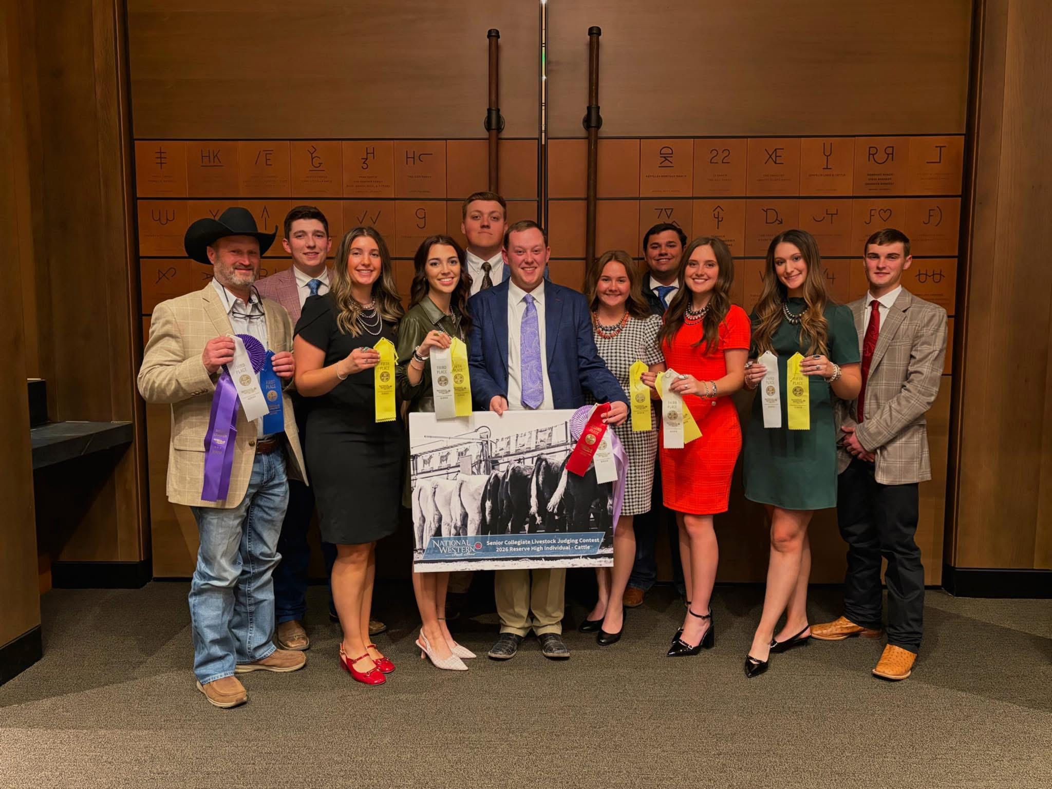 The 2025-26 livestock judging team with their awards following an event in Denver