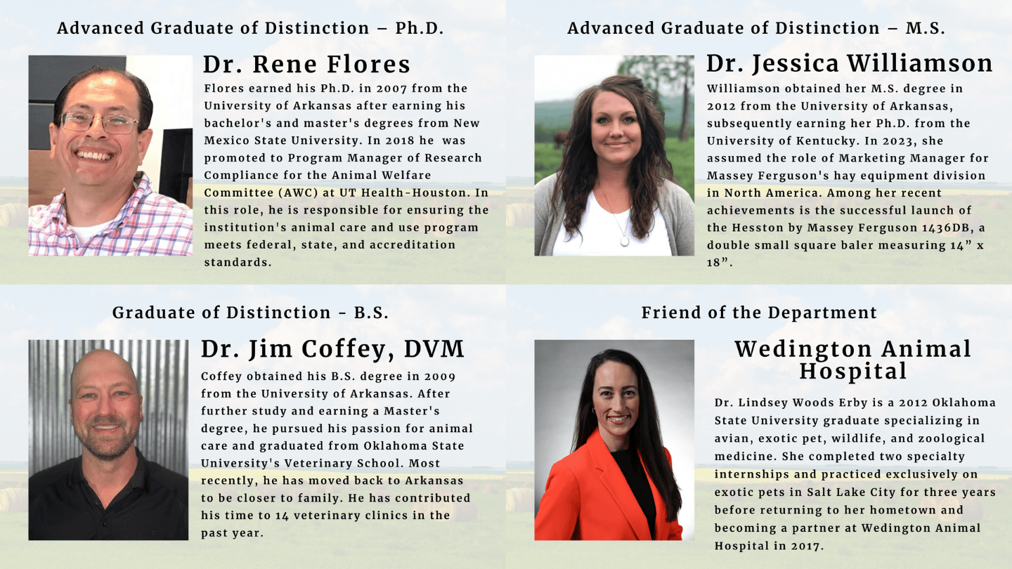 The 2025 Department of Animal Science Gradautes of Distinctions: Ph.D.- Dr. Rene Flores, M.S.- Dr. Jessica Williamson, B.S.- Dr. Jim Coffey, and Friend of the Department- Wedington Animal Hospital