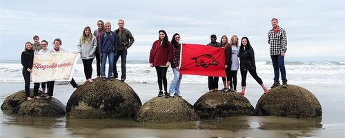 Students near the ocean in New Zealand